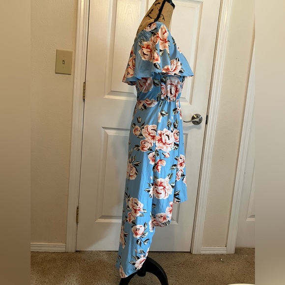 Hot Kiss baby blue pink floral high low stretchy dress off shoulder midi S - Picture 8 of 12